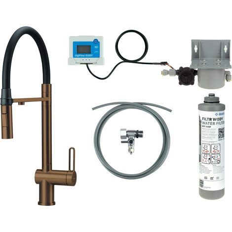 Miscelatore cucina in acciaio con kit filtro acqua e bocca elastica finitura bronzo spazzolato - Vora