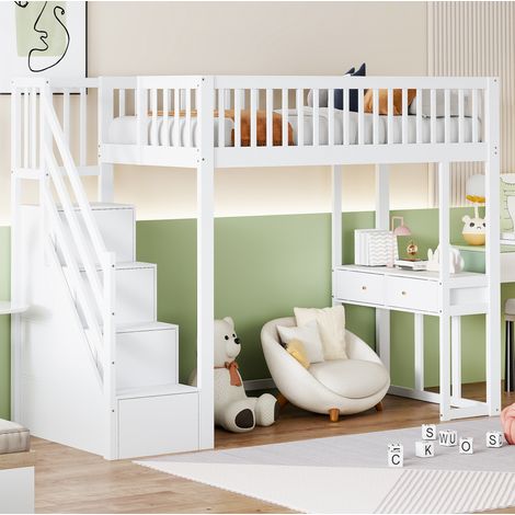 Letto a soppalco in legno bianco 90x200 cm con scala contenitore e tavolo multifunzione