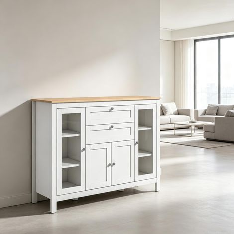 Credenza 120x40x90 cm, 2 ante e 2 cassetti, ripiani interni, vetro temperato, MDF, bianco e legno chiaro (1/5)