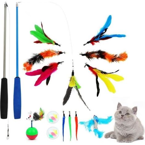 WOVTE 16Pcs Kit de Jouets pour Chats Chaton Plume Jouets, Rétractable Chat Teaser Baguette avec baguette teaser (1/4)