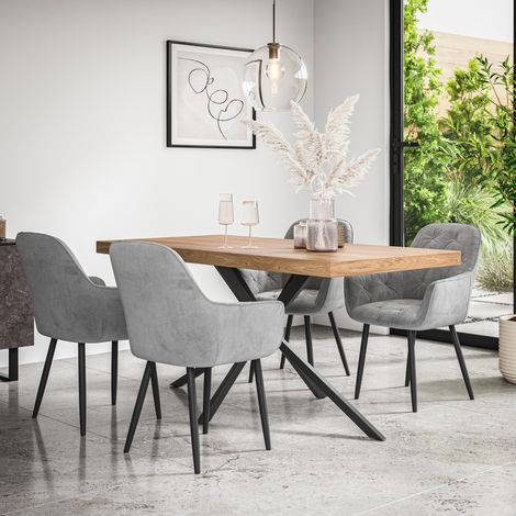 Donni Dining Table And Chairs - Oak Effect Table Top w Black Legs + Anika Velvet Dining Chair Set Of 4 (Grey)