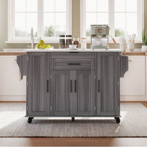 Carro de cocina 136x70x92 cm en paneles de madera gris, con almacenaje FloraGrace (1/5)