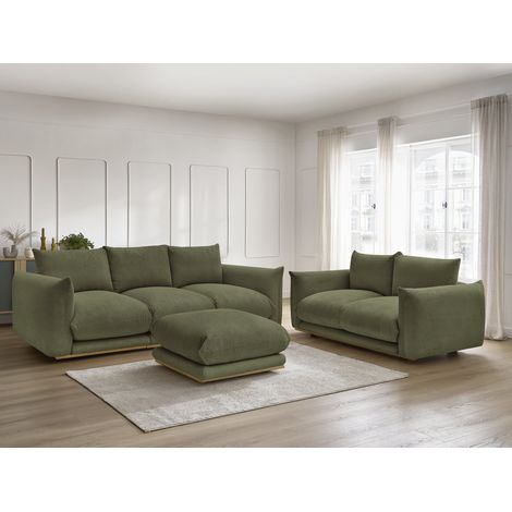 BOBOCHIC - Ensemble canapé droit fixe 3 + 2 places ERNEST tissu velours côtélé avec pouf   Vert (1/5)