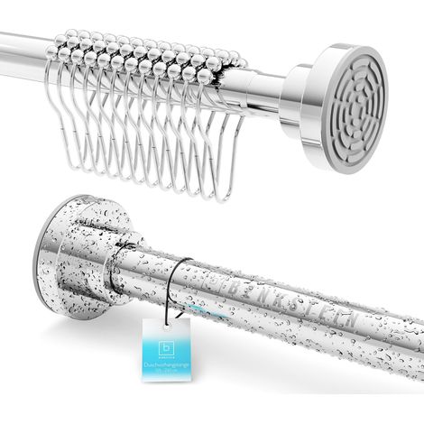 Tringle de douche extensible sans perçage 125-220 cm - En acier inoxydable - 12 anneaux - Tringle à rideau télescopique stable sans perçage (1/5)