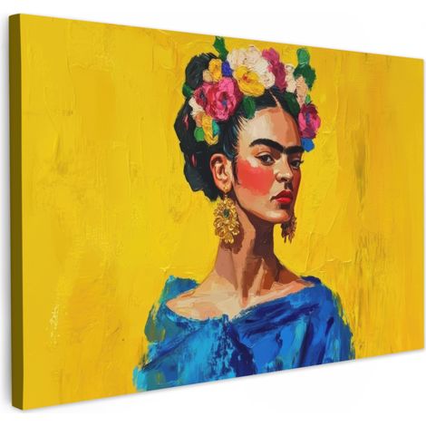 CUADRO EN LIENZO Frida Kahlo - Mujer - Amarillo - Azul - Flores Pinturas Grande 150x100 cm