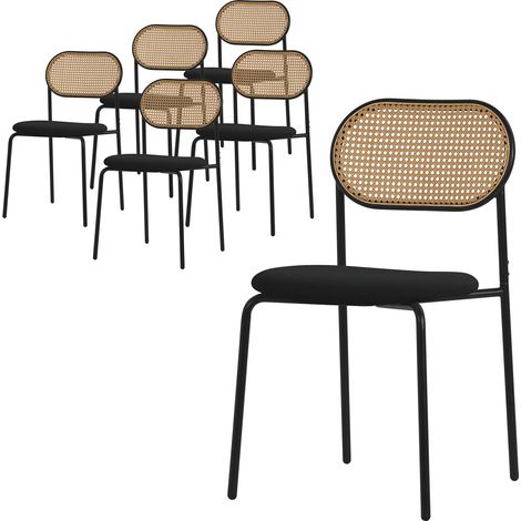 ML-Design Set di 6 Sedie per Sala Pranzo Nero, Telaio in Acciaio con Schienale in Rattan, Gambe con Protezione per Pavimento, Seduta Confortevole Imbottita, Poltroncina, Sedia Ergonomica per Cucina