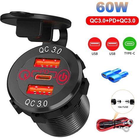 Chargeur de voiture USB 60 W pour prise allume-cigare, adaptateur de charge rapide étanche PD Type C et double prise QC3.0 avec interrupteur pour motos et bateaux (1/5)