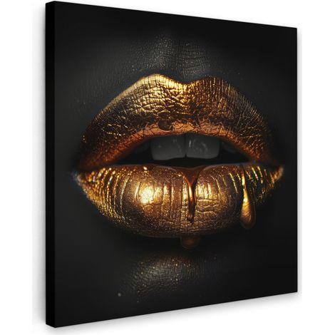 TABLEAU SUR TOILE Femme - Portrait - Lèvres - Or - Noir Tableau Chambre Adulte 90x90 cm