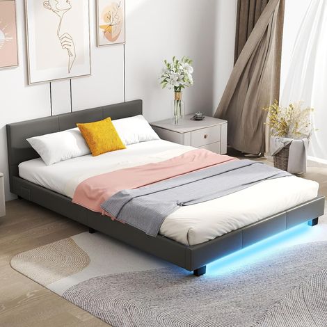 GOPLUS Lit Double 140x200CM, Cadre de Lit LED Moderne avec Lumières d’Ambiance 4 Modes 16 Couleurs et Vitesse Ajustable sans Matelas,Télécommande, Cadre en Bois Charge 200KG (Gris) (1/5)