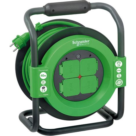 Schneider Electric – Enrouleur bricolage 40m H07RNF 4 prises 16A IP44 – Châssis métal robuste – Indice de protection IP44 pour chantiers humides (1/3)