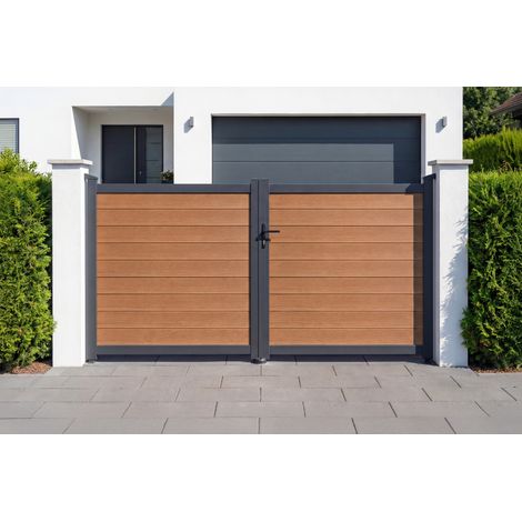 Portail bois composite battant plein 3m ATHOS H.160cm teck avec cadre aluminium (1/5)