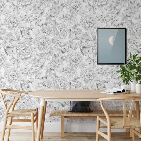 Carta da Parati Peonie Bianca e Nera in Fogli di Carta, 250x200cm (1/5)