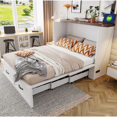 Cama abatible 140x200 cm, con enchufe europeo, ruedas silenciosas, madera y metal, blanco (1/5)