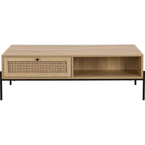 Table basse 1 tiroir en cannage naturel et effet chêne 115 cm - Iris (1/5)