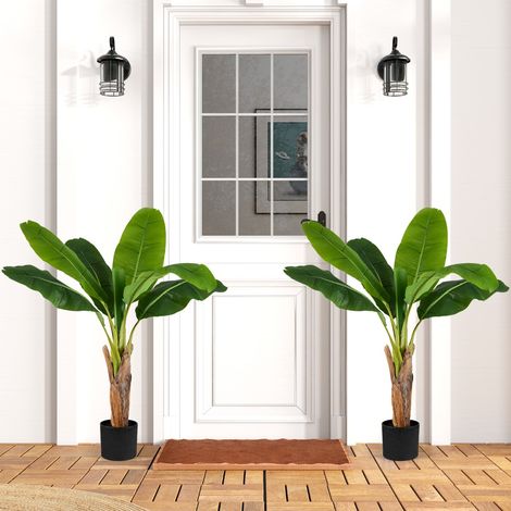 Lot de 2 Arbres Artificiels Oiseau de Paradis de 107 cm Fausses Plantes à Feuilles de Bananier avec Pot Branches Réglables Vert (1/3)