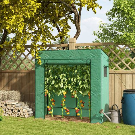 Serra a parete addossata con 1 porta avvolgibile, copertura in PE rinforzato, 2 finestre, dimensioni 196L x 77W x 197/178H cm