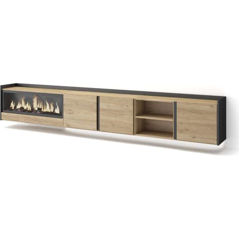 Mueble TV Cartajima-02 de 315x50x35 cm con chimenea eléctrica y luces LED, suspendido, color roble y negro (1/4)