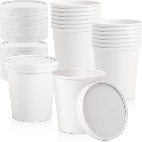 25er-Pack Suppenbecher zum Mitnehmen mit Deckel, 473 ml Pappbecher, Eisbecher, Pappbehälter für Salat, Eiscreme, Suppe, Kaffee, mikrowellengeeignet (Weiß) (1/5)