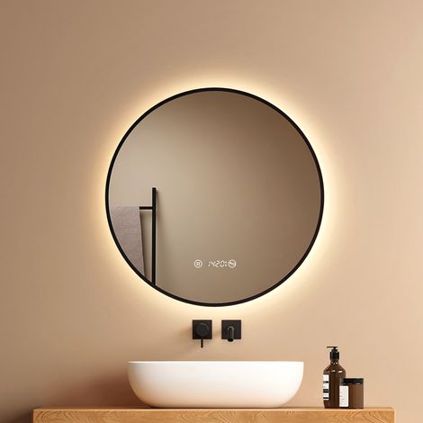 EMKE Miroir rond LED 60 cm pour salle de bain avec cadre noir, éclairage neutre dimmable, fonction anti-buée, écran avec horloge et température, commande tactile avec mémoire