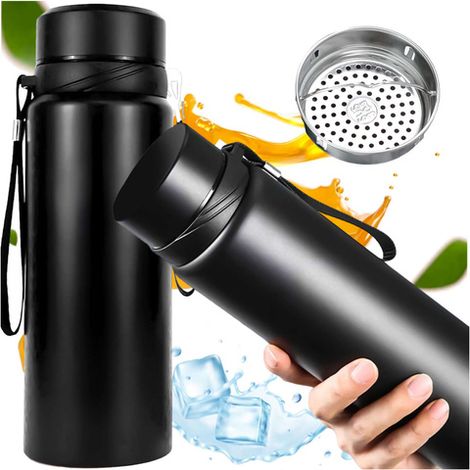 Botella térmica de agua de 1 litro para café, té, yerba mate con infusor y colador, tamaño grande, marca Alogy, color negro acero. (1/5)