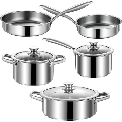 8-teiliges Edelstahl Kochgeschirr-Set Silber mit Glasdeckeln