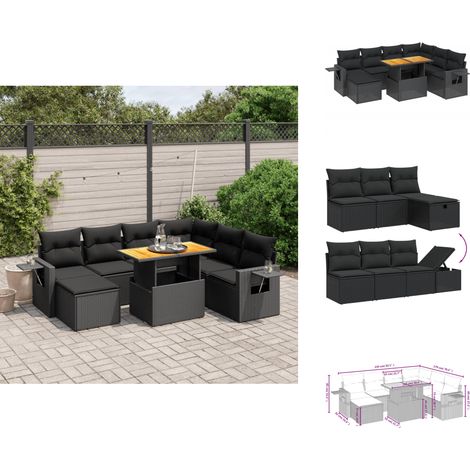 Salon de jardin 8 pcs avec coussins noir résine tressée - Ensemble Salon De Jardin - Mobilier Extérieur - Résine Tressée - Rotin Synthétique - Table Extensible (1/4)
