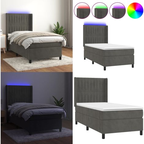 Cama box spring colchón y LED terciopelo gris oscuro 90x200 cm - Colchón con luz LED - Cama de terciopelo
