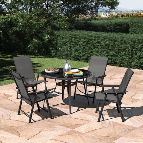Set of 5 Garden 105CM Patio Glass Umbrella Table and Folding Chairs Set (1/5)