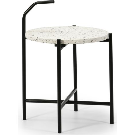 Tavolino da caffè Rotondo Yala con Piano d'appoggio in graniglia Bianco e Gambe Metalliche di Colore Nero Opaco/Diametro: 41 cm