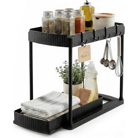 Organisateur sous Évier, 2 Niveaux avec Tiroirs, Rangement Coulissant pour Cuisine, Salle de Bains, Buanderie - Économiseur d'Espace (1/5)