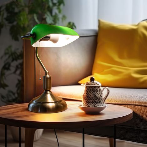 Lampe de table réglable en verre, lampe de banquier, lampe de bureau rétro verte, interrupteur à tirette, métal, 1x douille E27, LxlxH 26x18x36 cm (1/5)