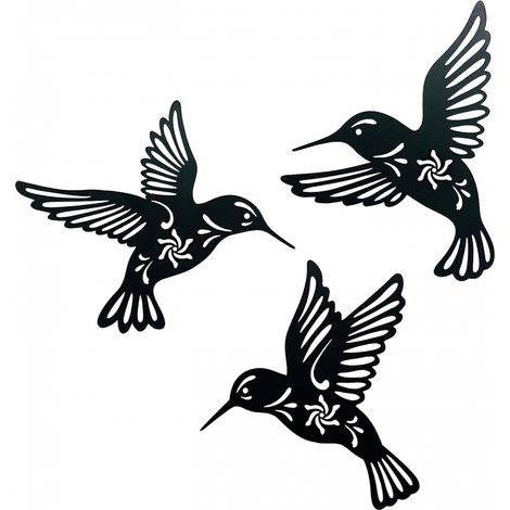 Lot de 3 décorations murales en métal - Noir - Oiseaux - Décoration murale pour extérieur, salon, jardin, colibri - Métal.