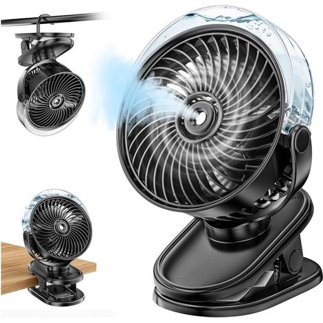 Ventilateur à Pince avec Brumisateur, Petit Ventilateur Portable USB Rechargeable, 4 Vitesses, Rotation à 360°, Clip Silencieux Table Fan Silencieux pour Bureau, Pour Maison, Poussette (1/5)