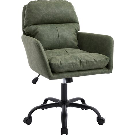 Chaise de bureau réglable en cuir régénéré vert avec piètement métal noir, siège rembourré ergonomique pour bureau, chambre ou coiffeuse CHICFURN (1/5)