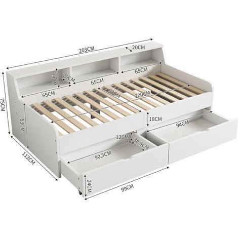 Lit simple 90x200 cm - Blanc - Tiroirs de rangement - Design moderne - Construction robuste (1/5)
