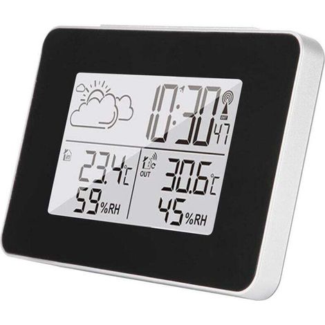 Station Météo sans Fil, Horloge Météo Multifonctionn Numérique avec Météo Extérieure/Température/Humidité/Rétro-éclairage/Alarme Roupillon Une Fonction (Noir) (1/4)