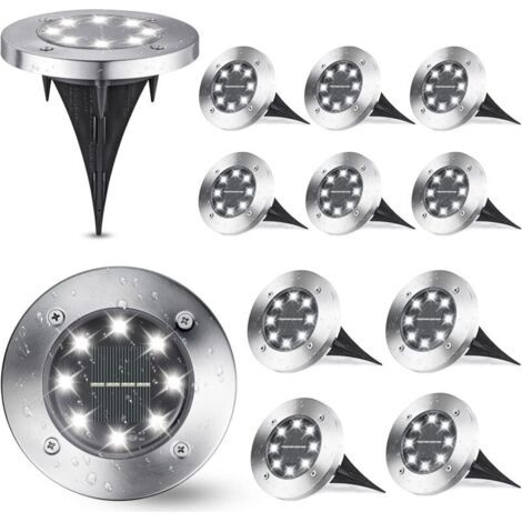 Set mit 12 weißen Solar-Gartenleuchten, 8 LEDs 6000K, IP65 wasserdicht, Einbau-Außenbeleuchtung für Einfahrten, Rasenflächen und Terrassen