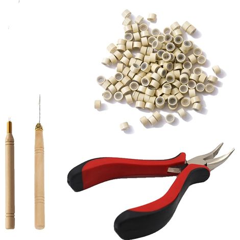 Kit di strumenti per extension per capelli, ago per micro-trazione, micro anelli in silicone, set combinato oro (1/2)