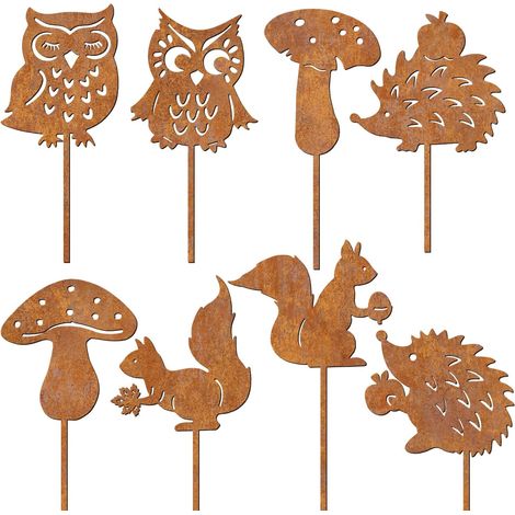 Piquets De Jardin - Métal Rouillé - Hibou Hérisson Écureuil Champignon - Décoration Extérieure Balcon Cour Pelouse - Lot De 8