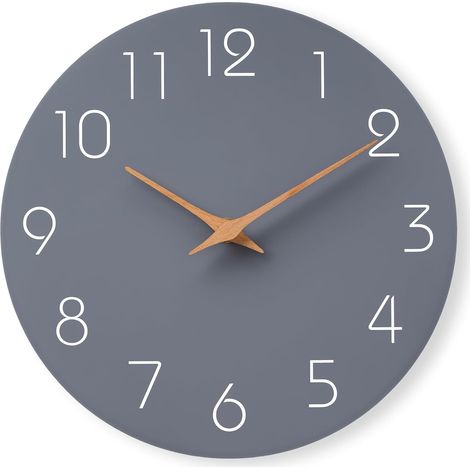 Horloge murale, 30 cm, silencieuse, sans tic-tac, design moderne en bois, parfaitement adaptée à la décoration des chambres, salons, cuisines, salles de bains et bureaux, grise. (1/5)