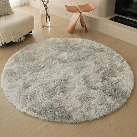 Tapis de salon rond, super doux, moelleux, dessous antidérapant, moderne, lavable, à poils longs, diamètre : 80 cm, gris Tiedye (1/3)