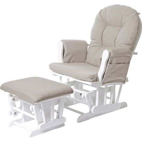Mendler – Fauteuil relax rocking-chair en tissu crème – Monture blanche – Repose-pied rembourré – Coussins amovibles – Confort optimal - HWC-C76