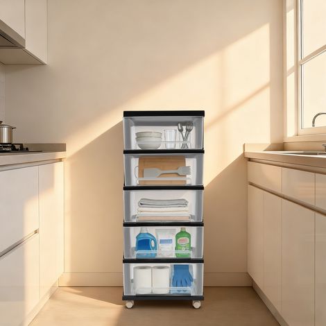 YISSALE-Kunststoff-Schubladenbox mit 5 Ebenen à 40 cm und Rollen, vertikaler Aufbewahrungsschrank, geeignet für Schlafzimmer, Badezimmer, Schulen und Büros. (1/5)
