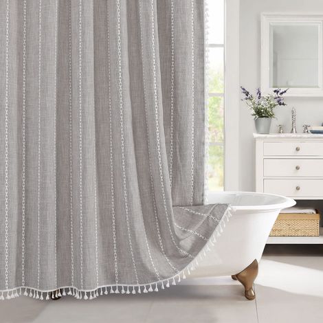 Rideau De Douche - Coton Lin - 183 X 183 Cm - Pompons - Œillets Acier Inoxydable - 1 Pièce (1/5)
