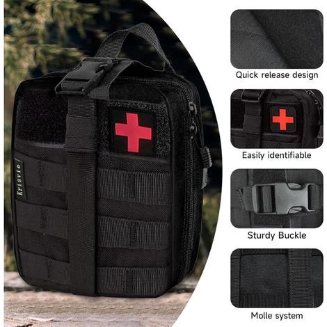 Trousse de premiers secours militaire tactique complète marron. assemblée en France selon les normes CE + petite trousse + bandoulière + tire-tiques + bracelet de survie - De (1/3)