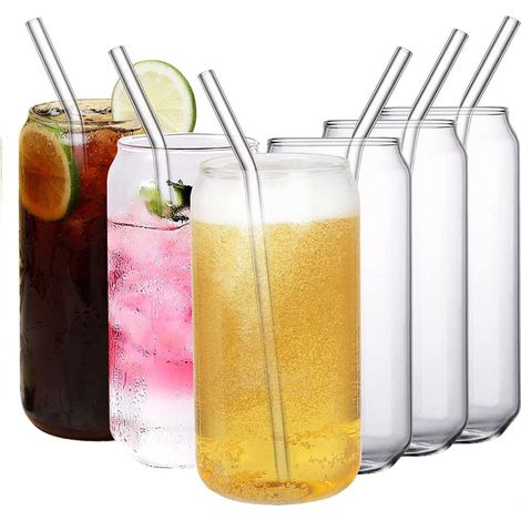 Verre À Cocktail - 550 ml - Verre En Verre Trempé Avec Paille En Verre Et Couvercle En Bambou - Lot De 6