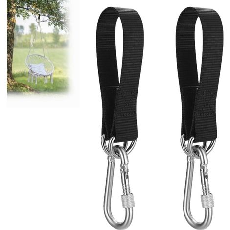 XEPHO Lot de 2 sangles en nylon indéchirable pour hamac, balançoire, fauteuil suspendu, balançoire intérieure, 30 cm, suspension de balançoire avec anneaux en D épais noir