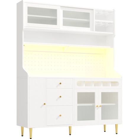 Armoire haute de cuisine avec éclairage LED réglable, étagères modulables, porte coulissante en verre, 145x39x171 cm, blanc (1/5)