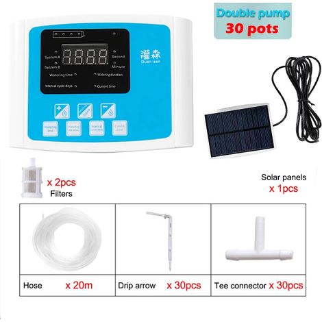 (Double pompe, bleu, tuyau de 20 mètres) Système d'irrigation goutte à goutte pour jardin, programmateur, énergie solaire. (1/5)