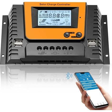 30A Contrôleur de Charge Solaire Avec Bluetooth, PWM 30A 12V 24V 36V 48V Régulateur Charge Solaire avec Capteur Température, Rétroéclairé LCD Écran, 4 ports USB, pour LI SLD FLD GEL AGM Batteri (1/5)